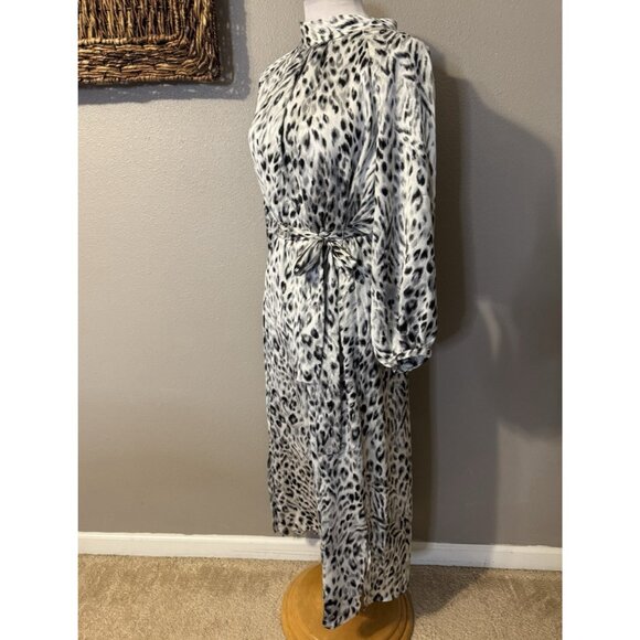 Ann Taylor Maxi Dress 3/4 Long Sleeve L Large Black Gray White Snow Leopard - Picture 11 of 16